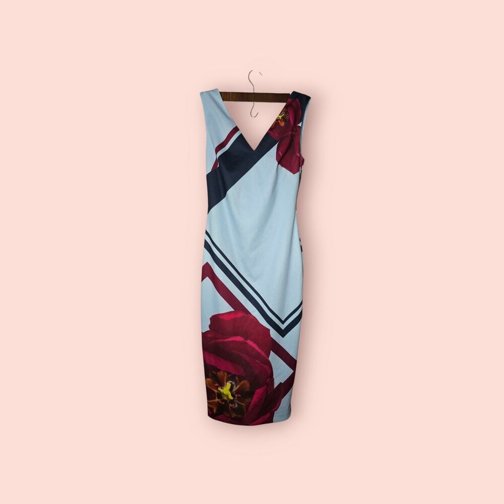 Ted Baker London Kaetii Flowered Lattice Bodycon Dress Floral V-Neck Sheath 4